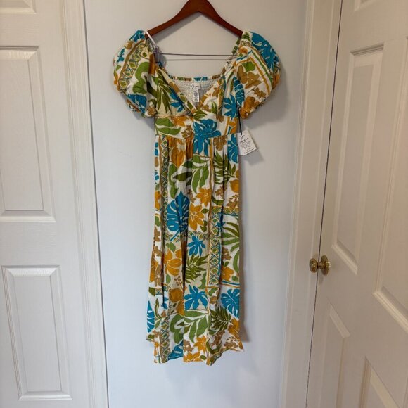 Japna Midi Dress Off white blue green Floral Size XS NWT Puffy Sleeves Linen - Picture 2 of 9